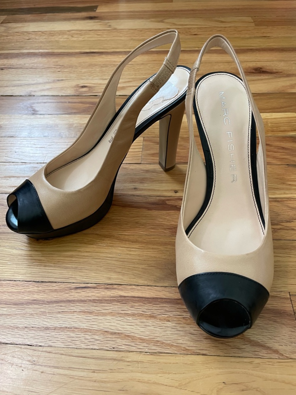 Marc Fisher Two-Tone Beige and Black Peep-Toe Slingback Heels